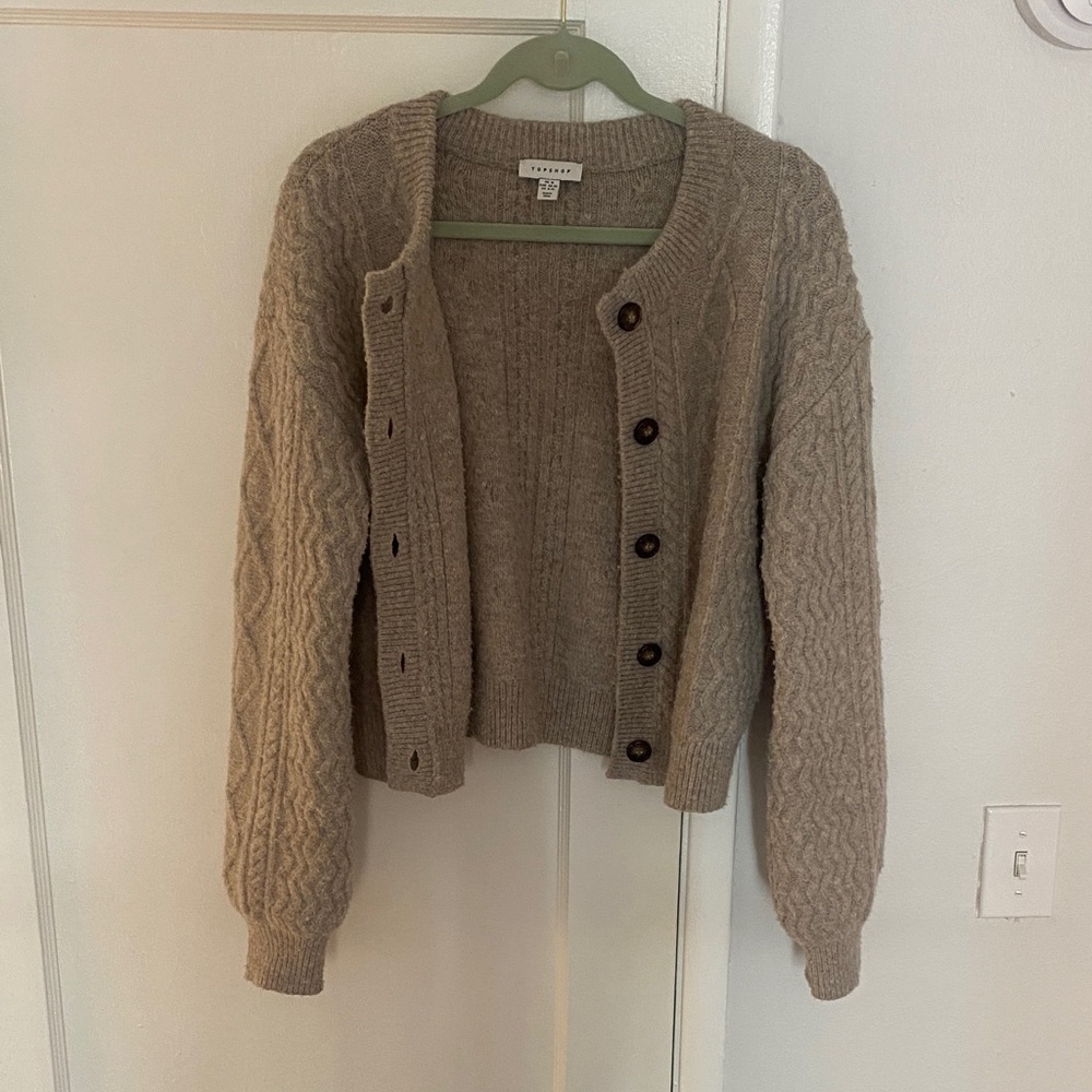 Topshop Taupe Cable Knit Button Front Cardigan - Picture 5 of 7